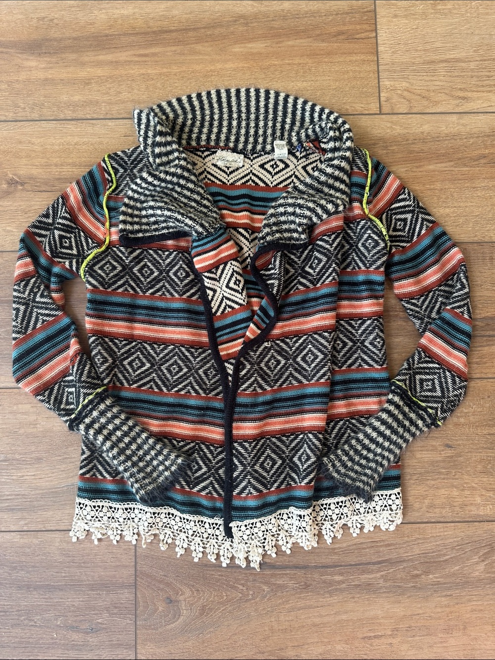 BKE Striped Geo Knit Cardigan in Black, Cream, Rust & Teal